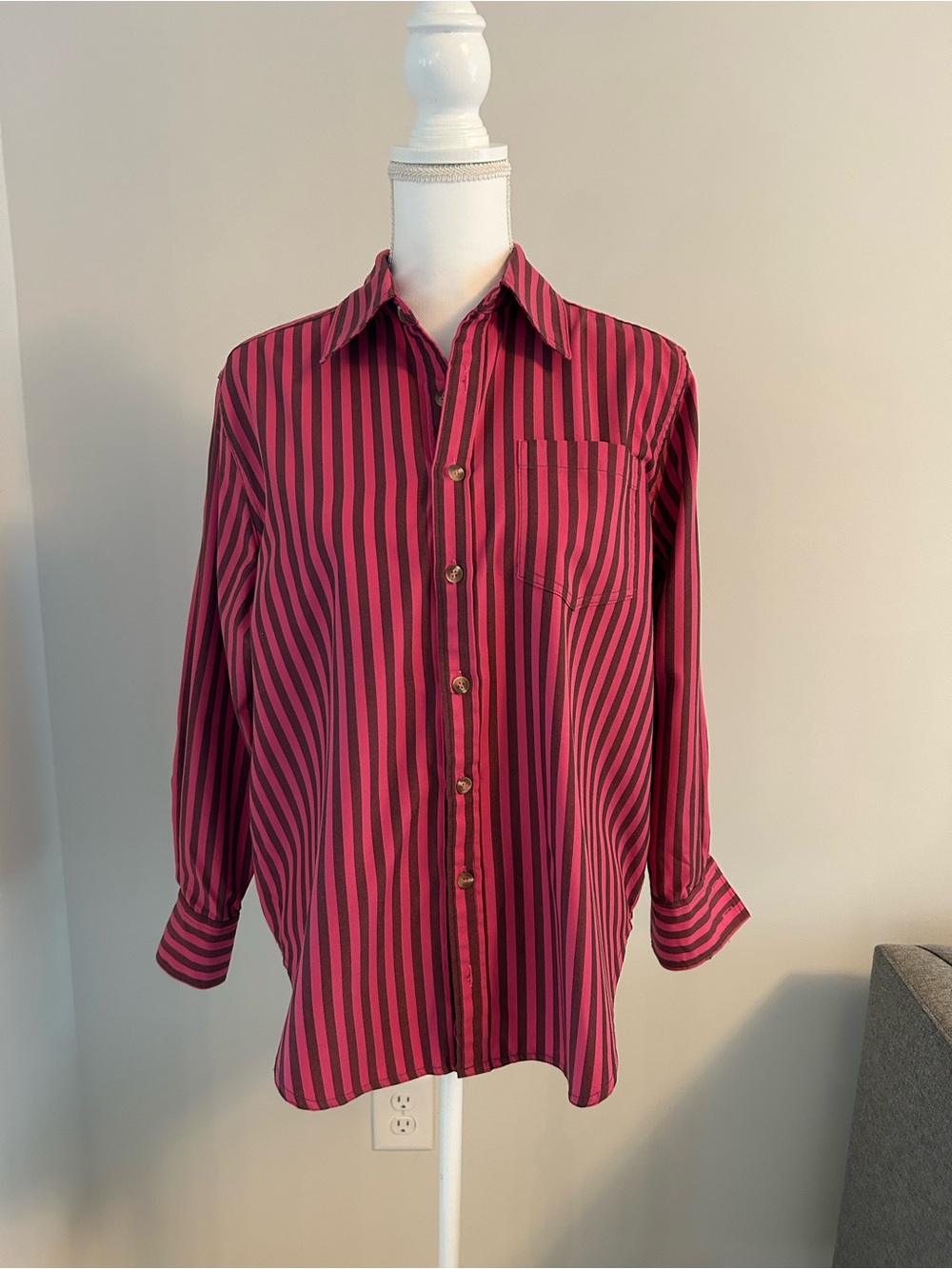EMERSON LANG Striped Button-Up Shirt in strawberry pink  and chocolate brown